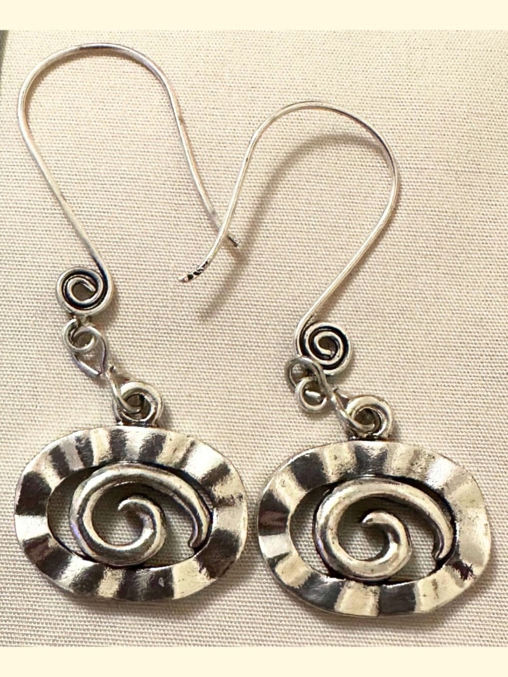 Handmade Silver Tone Spiral Swirl Charm Dangle Earrings Statement Unique Gift